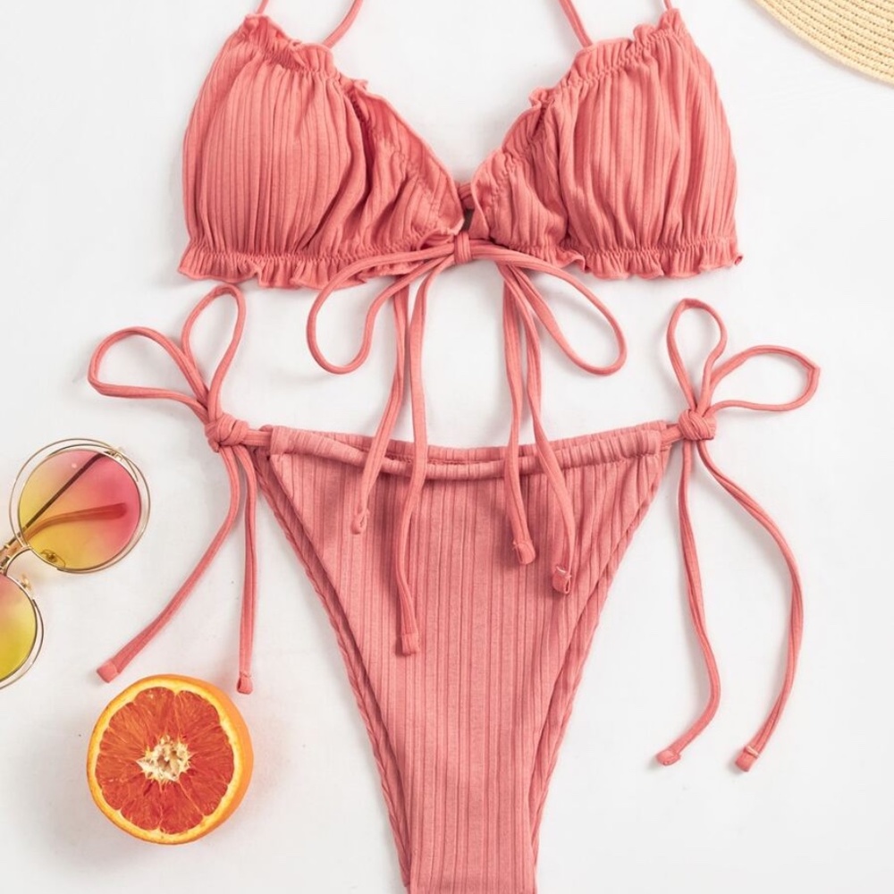 SHEIN Rib Frill Trim Tie Side Bikini NWT